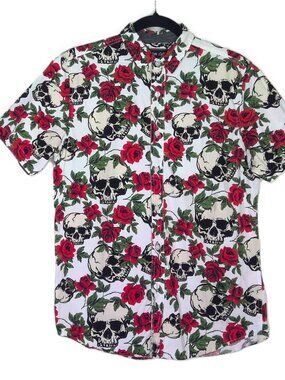 Modern Culture Men's Short Sleeve Shirt Skulls & Roses Cotton Button Down Sz S